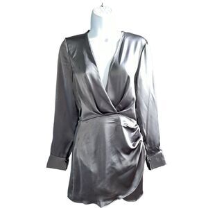 ZARA Charcoal Gray Satin V-Neck Longs Sleeve Wrap Mini Dress In Size XS